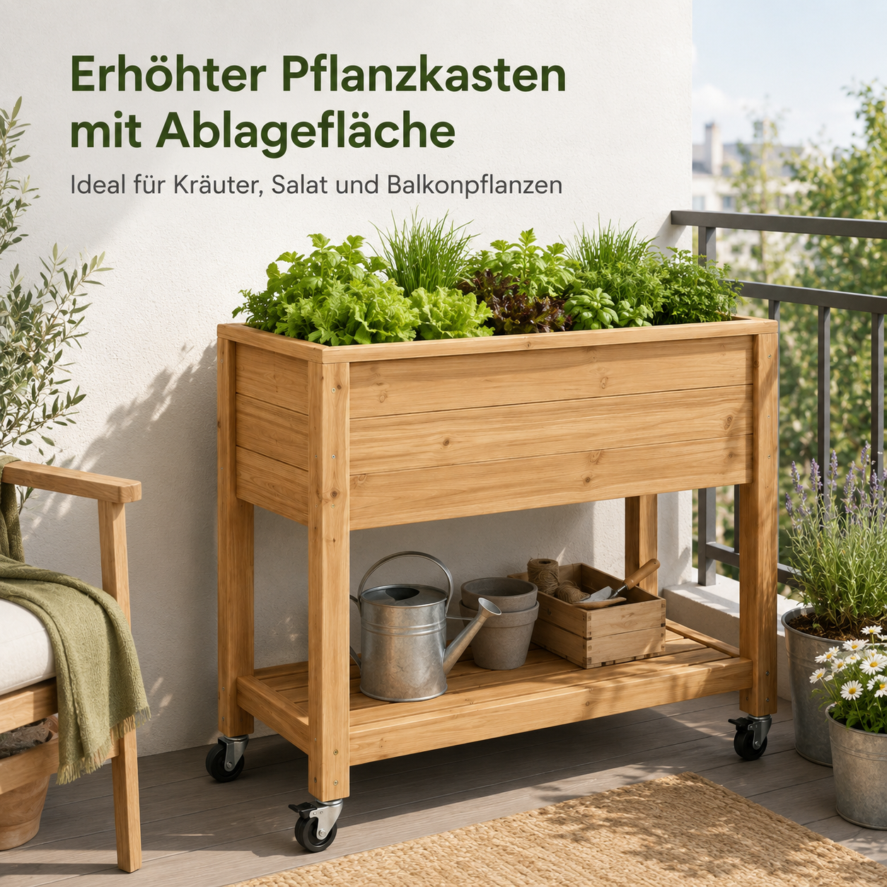 Pflanzkasten auf Beinen aus Holz Natur mit Ablage und Rollen