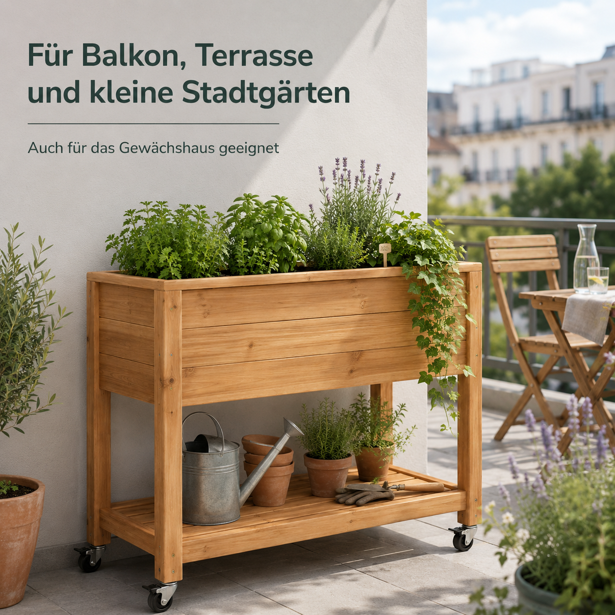 Pflanzkasten auf Beinen aus Holz Natur mit Ablage und Rollen