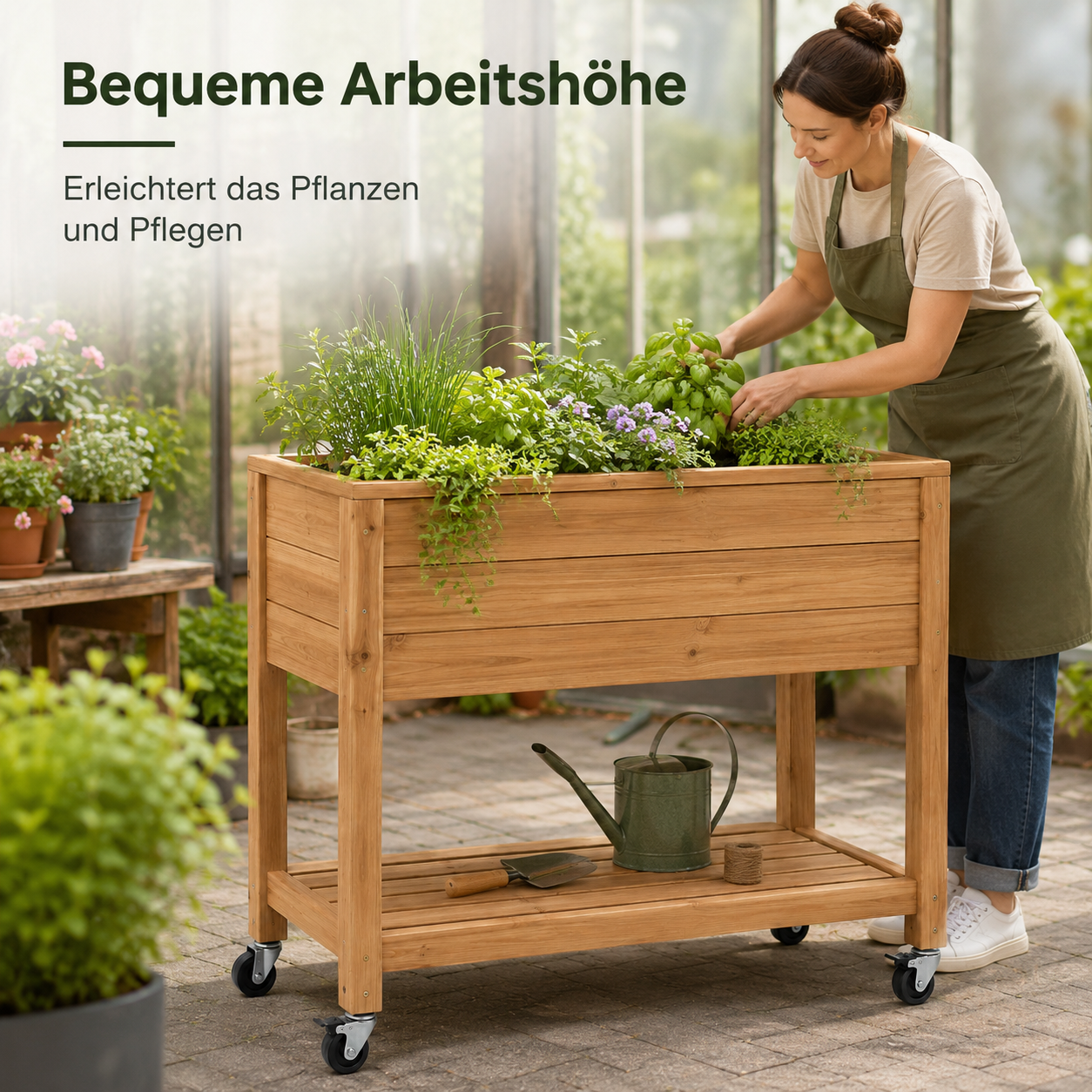 Pflanzkasten auf Beinen aus Holz Natur mit Ablage und Rollen