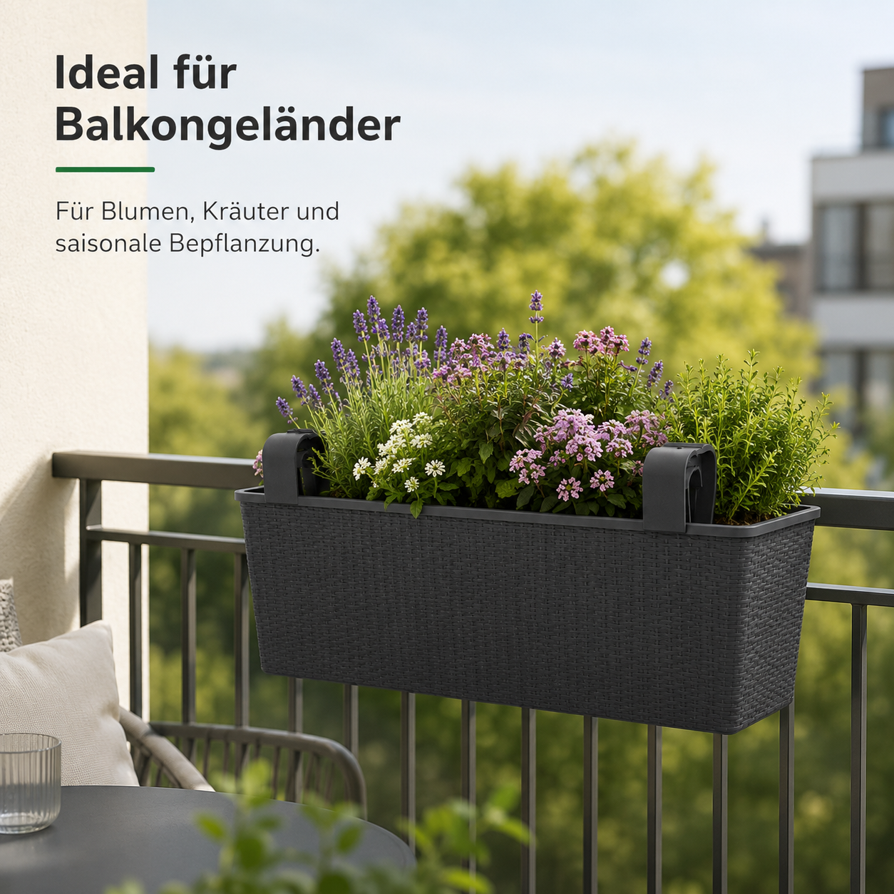 Balkon Pflanzkasten 60 cm mit Wasserspeicher und Geländerhalterung