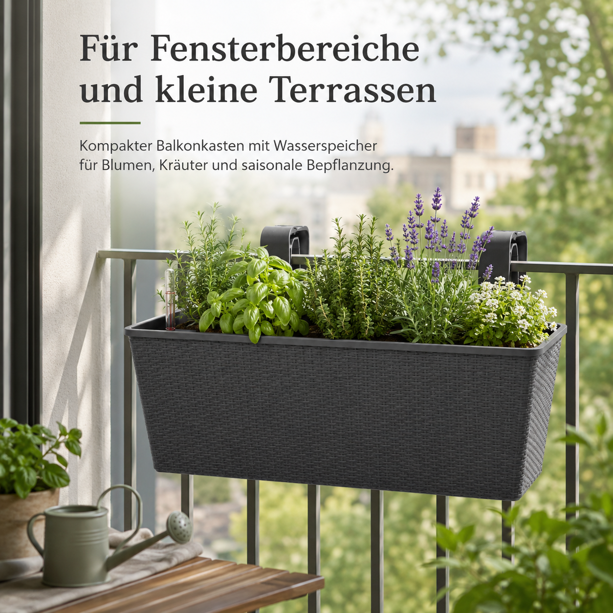 Balkon Pflanzkasten 60 cm mit Wasserspeicher und Geländerhalterung