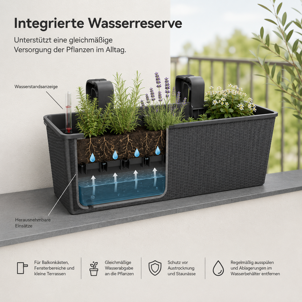Balkon Pflanzkasten 60 cm mit Wasserspeicher und Geländerhalterung