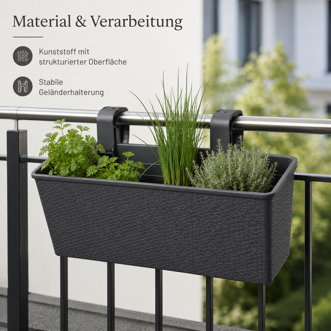 Balkon Pflanzkasten 60 cm mit Wasserspeicher und Geländerhalterung