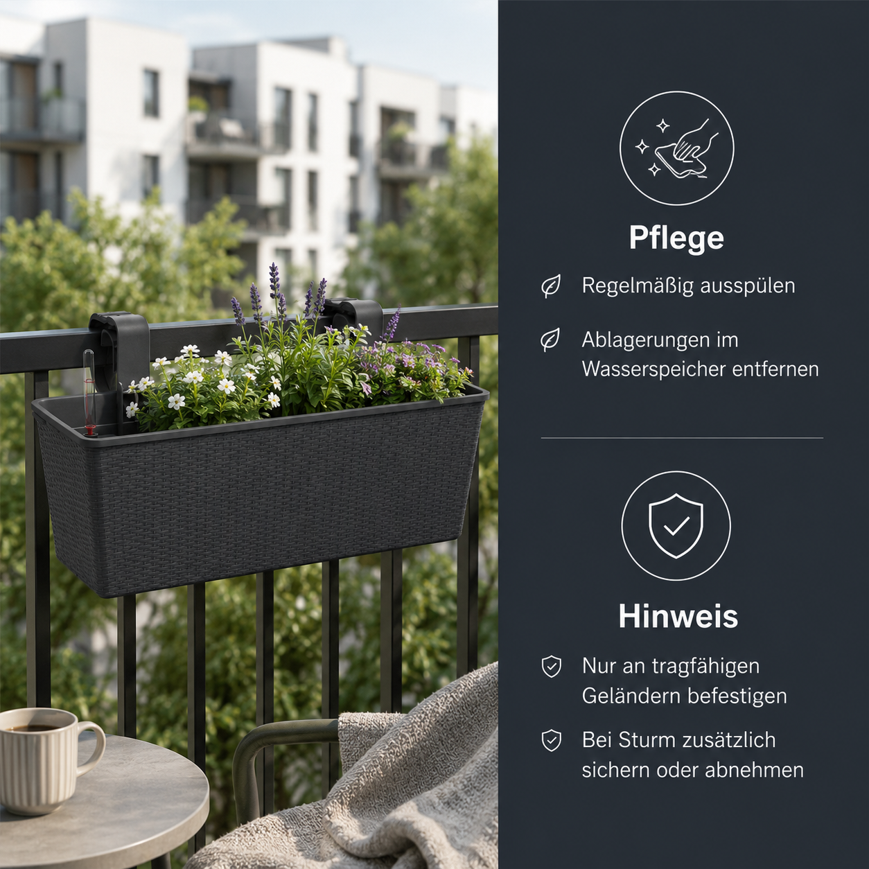 Balkon Pflanzkasten 60 cm mit Wasserspeicher und Geländerhalterung