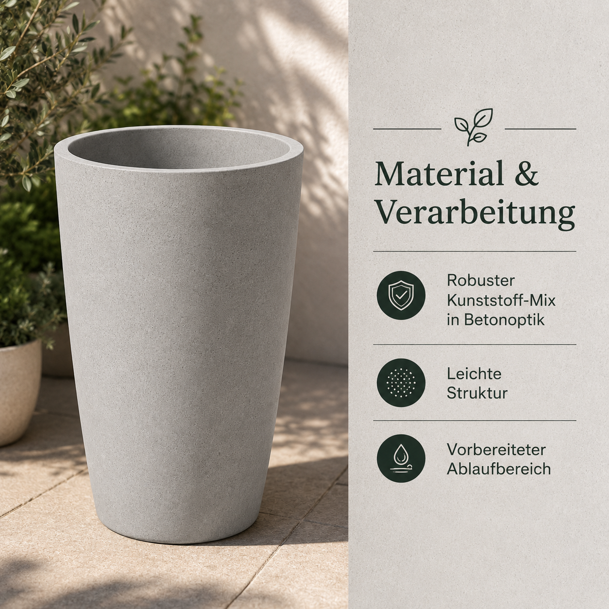 Schlanker Pflanzkübel in Betonoptik für Terrasse und Eingangsbereich