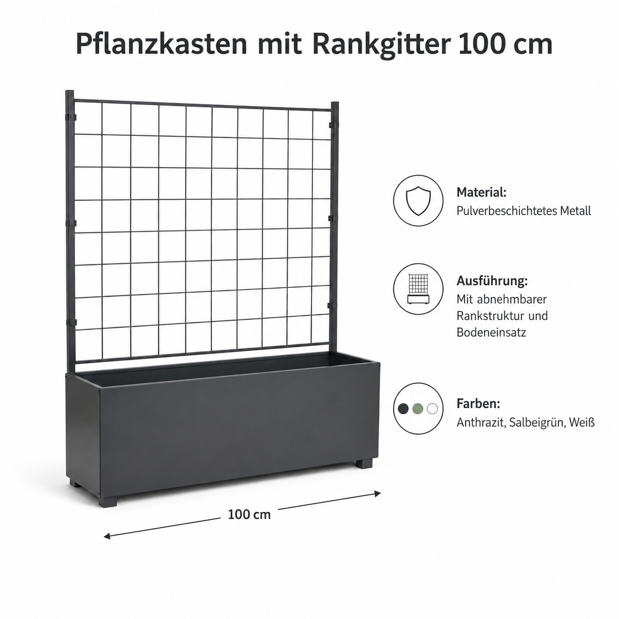 Pflanzkasten mit Rankgitter 100 cm aus Metall für Sichtschutz und Kräuter