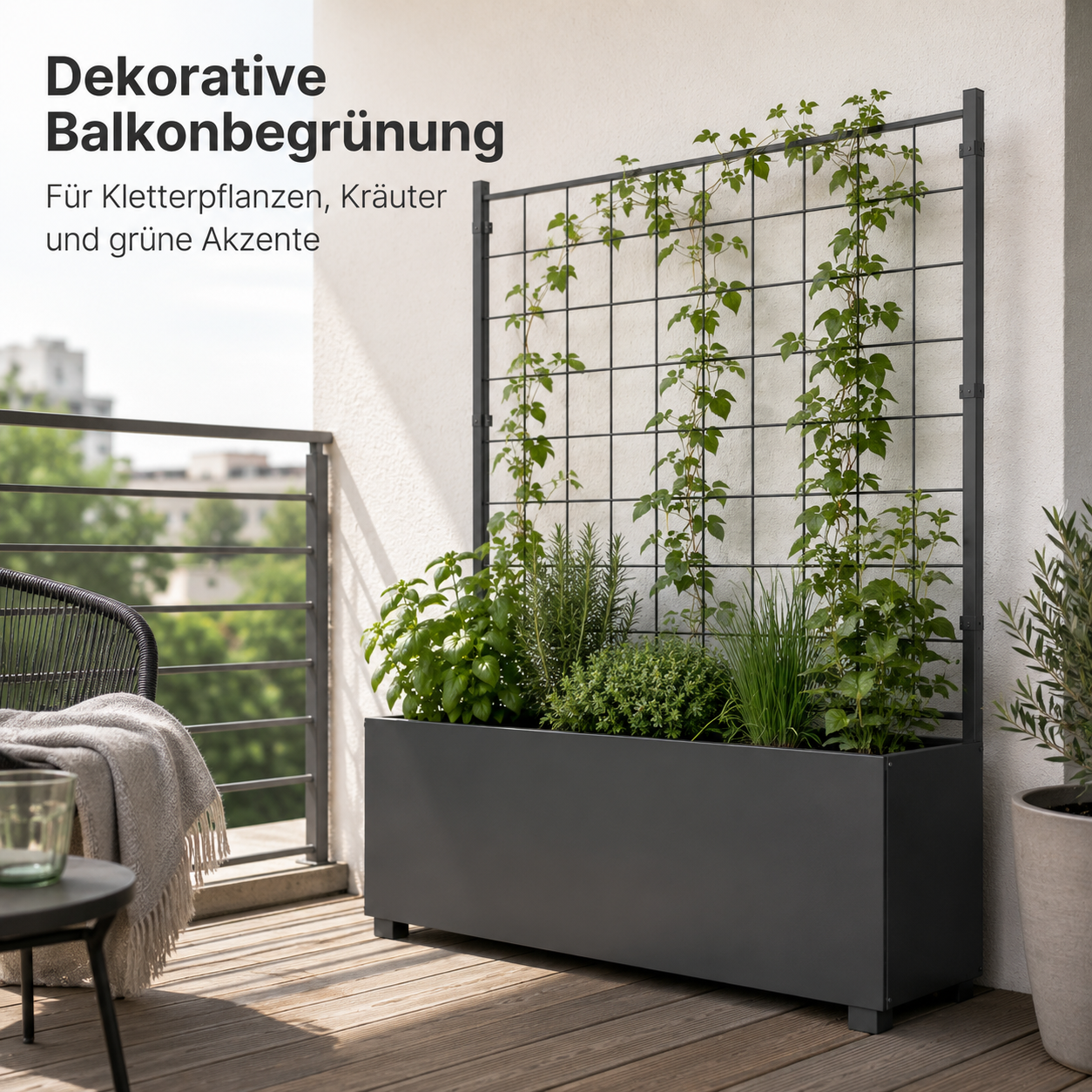 Pflanzkasten mit Rankgitter 100 cm aus Metall für Sichtschutz und Kräuter