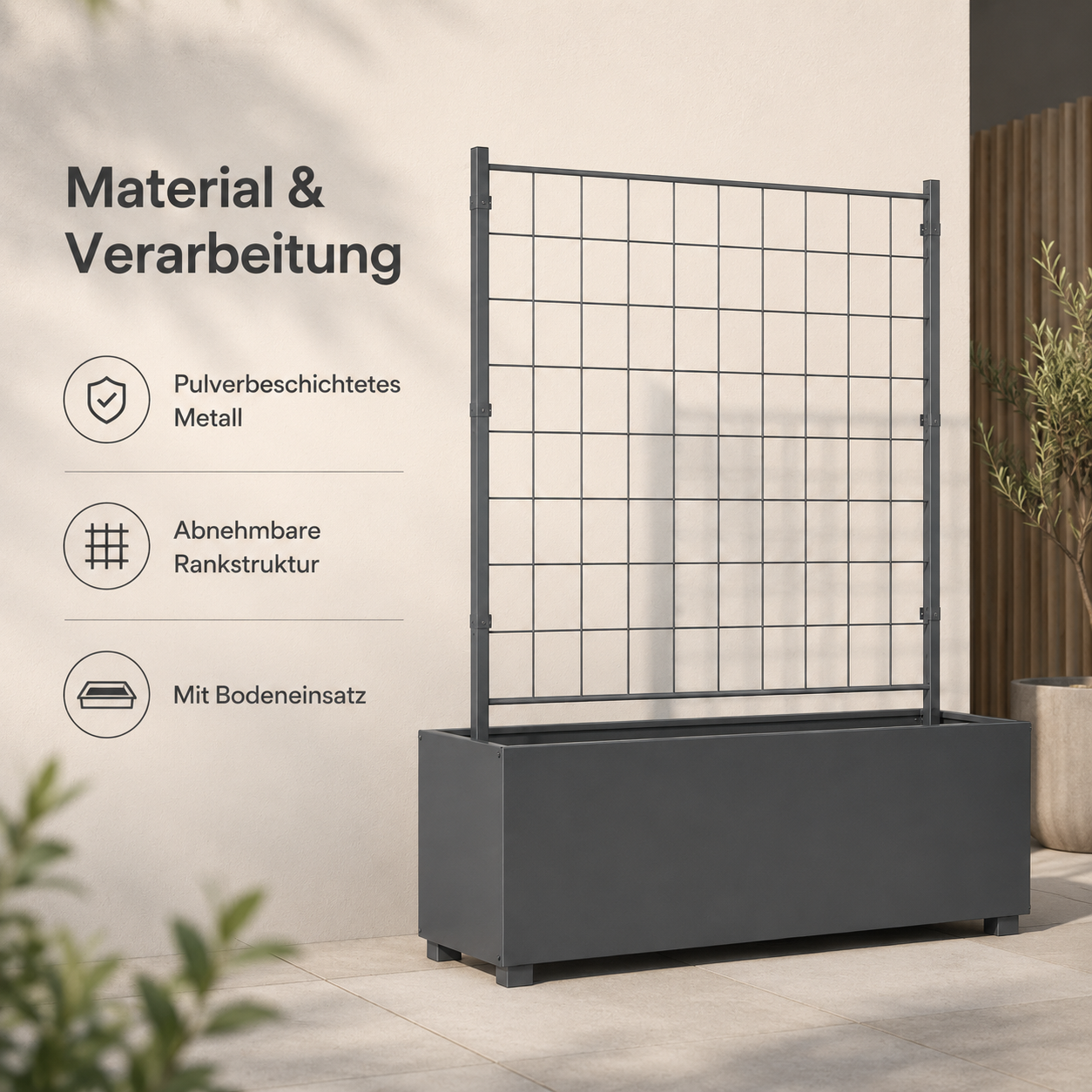 Pflanzkasten mit Rankgitter 100 cm aus Metall für Sichtschutz und Kräuter