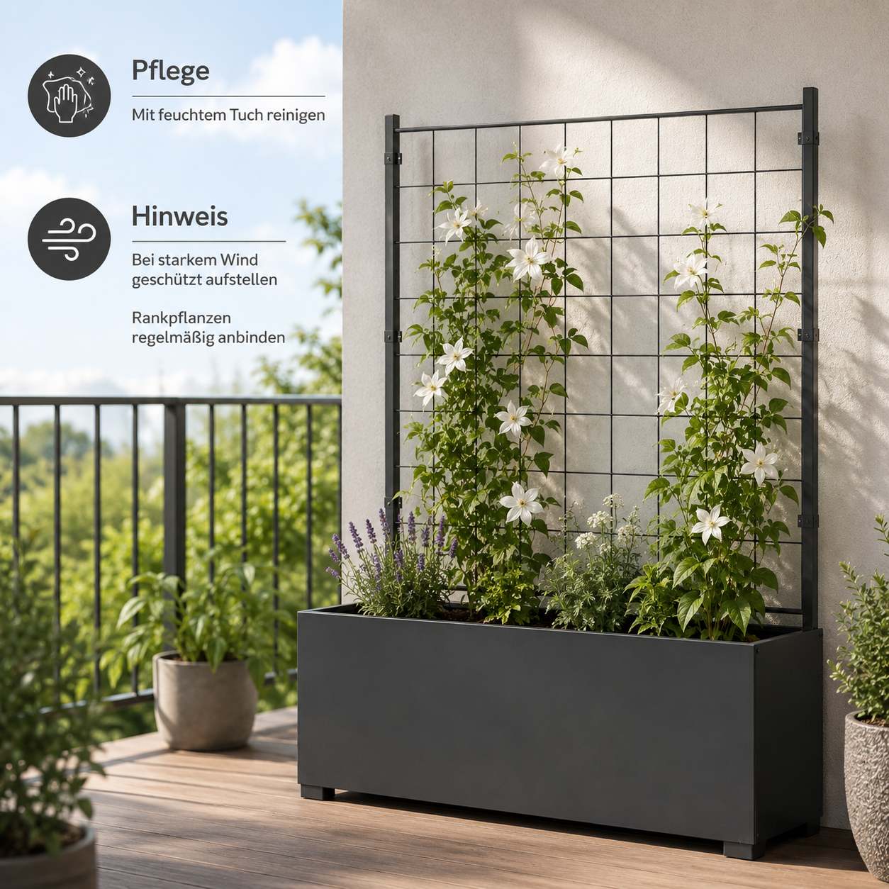 Pflanzkasten mit Rankgitter 100 cm aus Metall für Sichtschutz und Kräuter