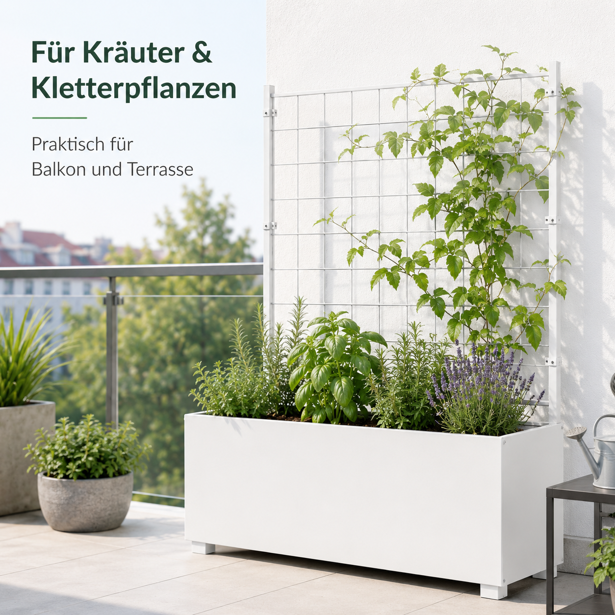 Pflanzkasten mit Rankgitter 100 cm aus Metall für Sichtschutz und Kräuter