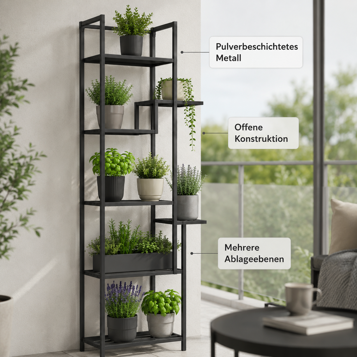 Vertikales Pflanzenregal aus Metall für Balkon und Wintergarten