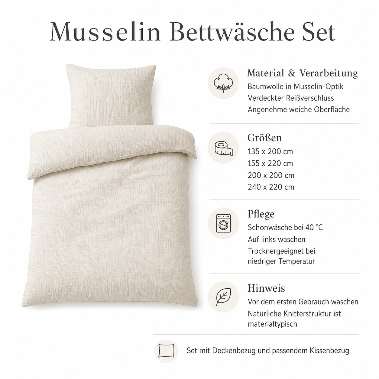Musselin Bettwäsche Set in natürlicher Struktur für ruhige Schlafzimmer