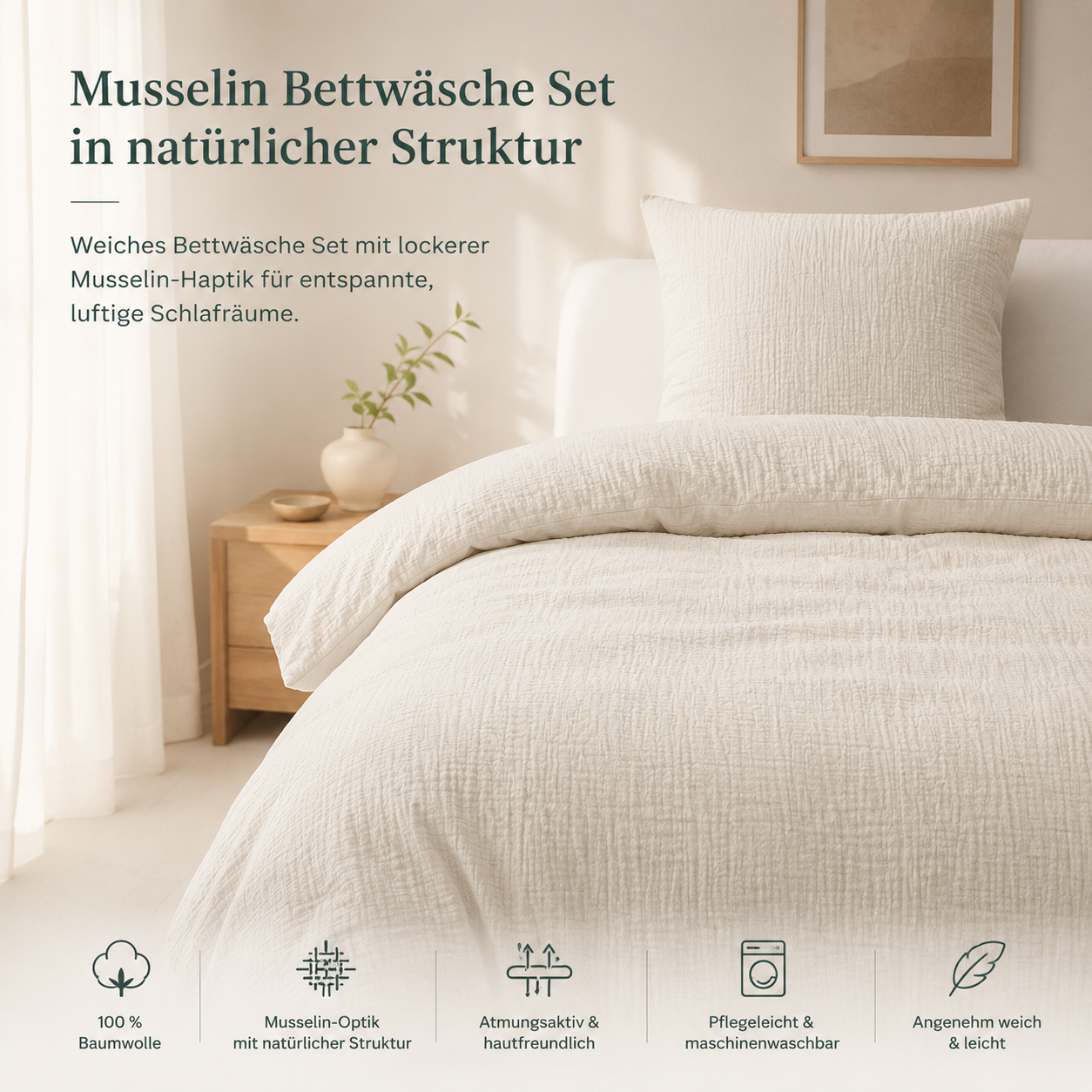 Musselin Bettwäsche Set in natürlicher Struktur für ruhige Schlafzimmer