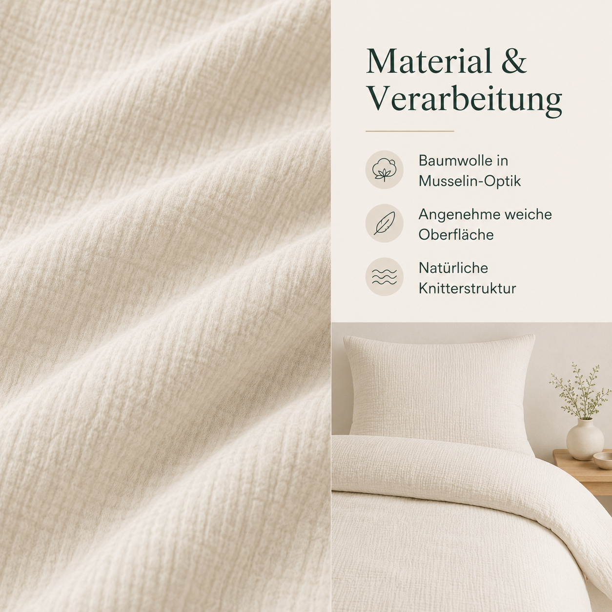 Musselin Bettwäsche Set in natürlicher Struktur für ruhige Schlafzimmer