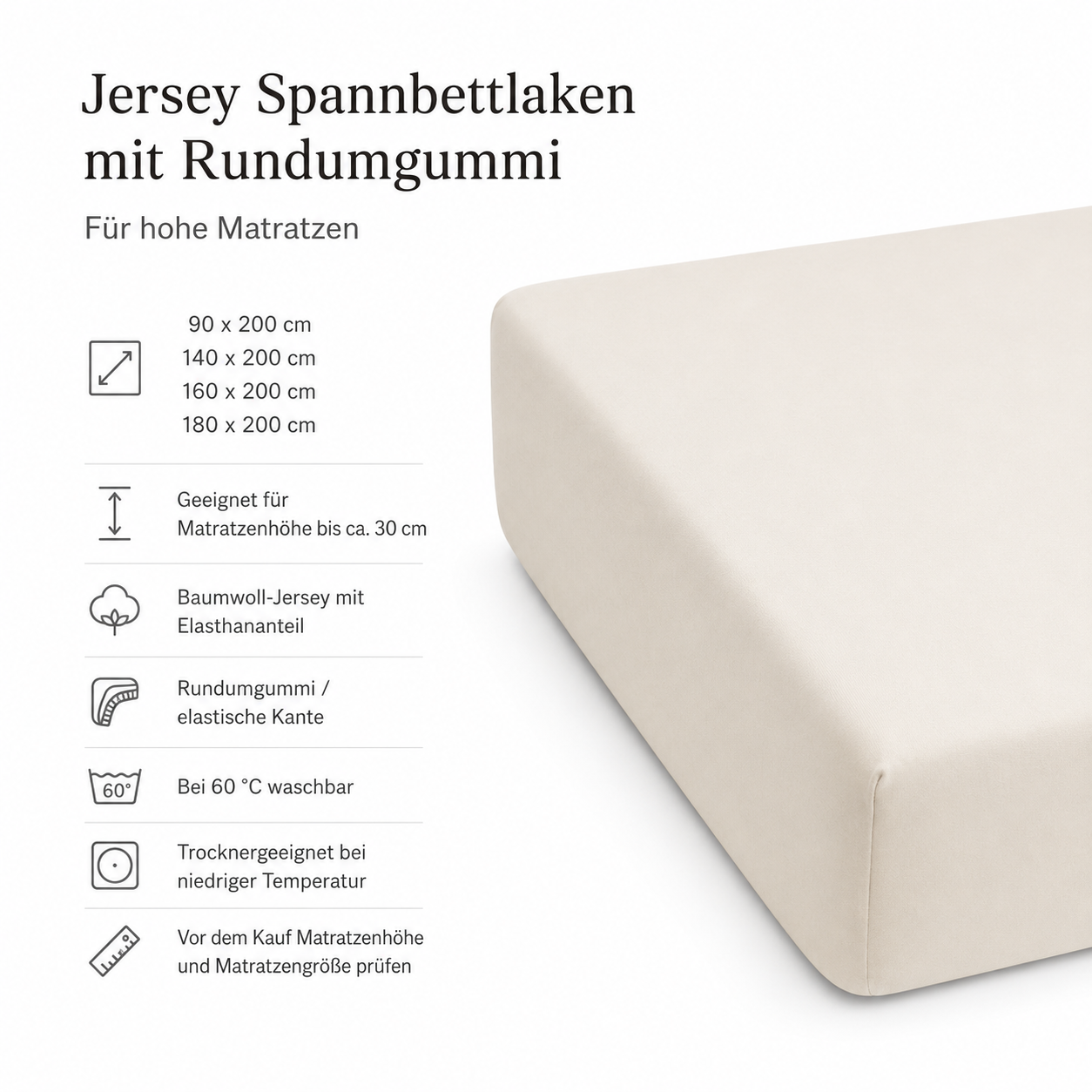 Jersey Spannbettlaken mit Rundumgummi für hohe Matratzen
