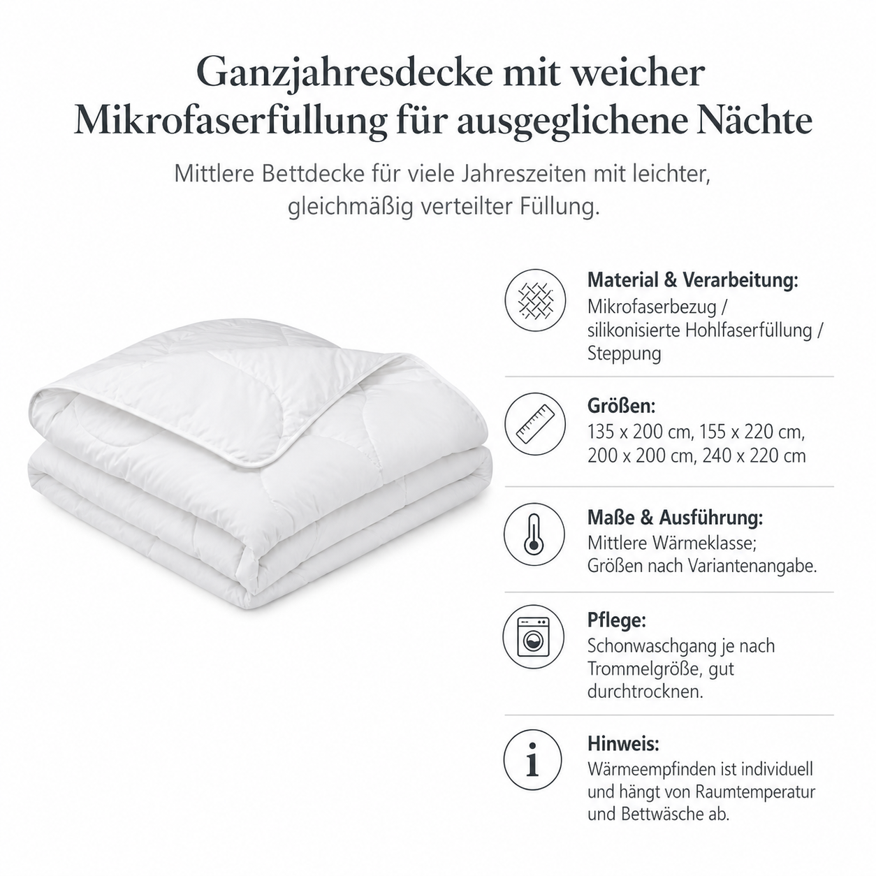 Ganzjahresdecke mit weicher Mikrofaserfüllung für ausgeglichene Nächte