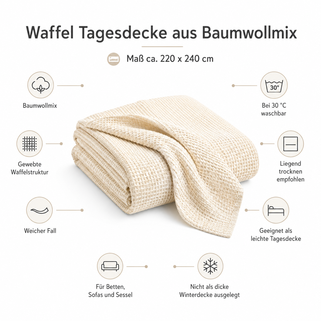 Waffel Tagesdecke aus Baumwollmix für Bett und Sofa