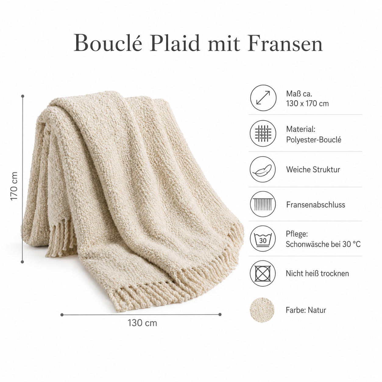 Bouclé Plaid mit Fransen für gemütliche Sofa Ecken
