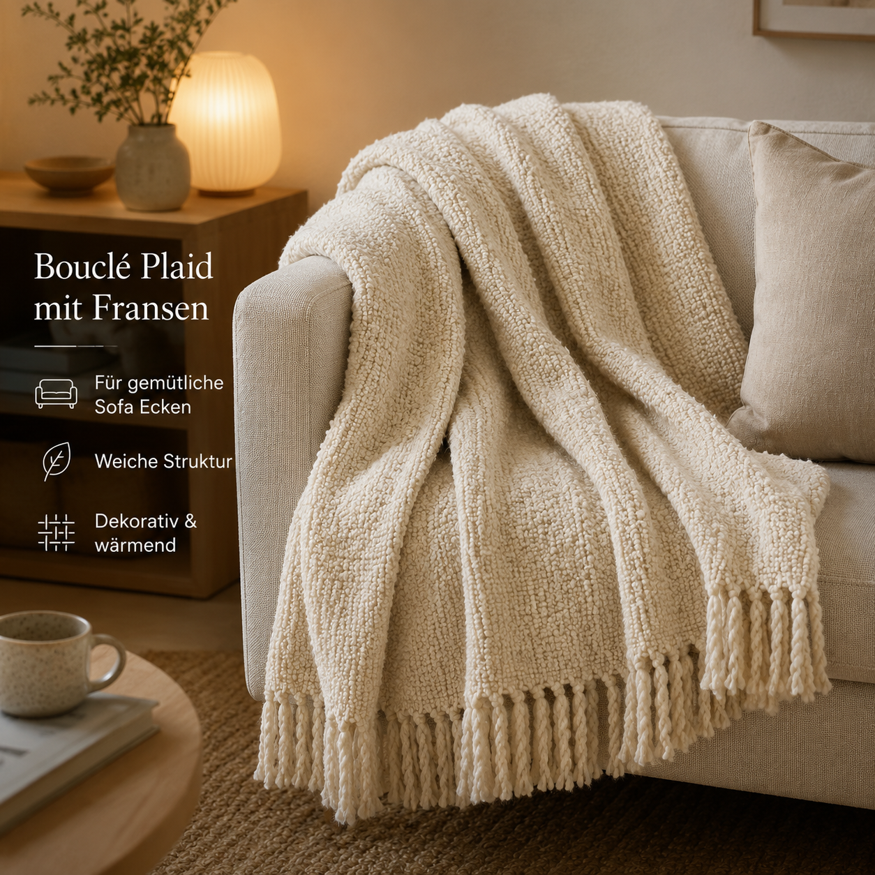 Bouclé Plaid mit Fransen für gemütliche Sofa Ecken