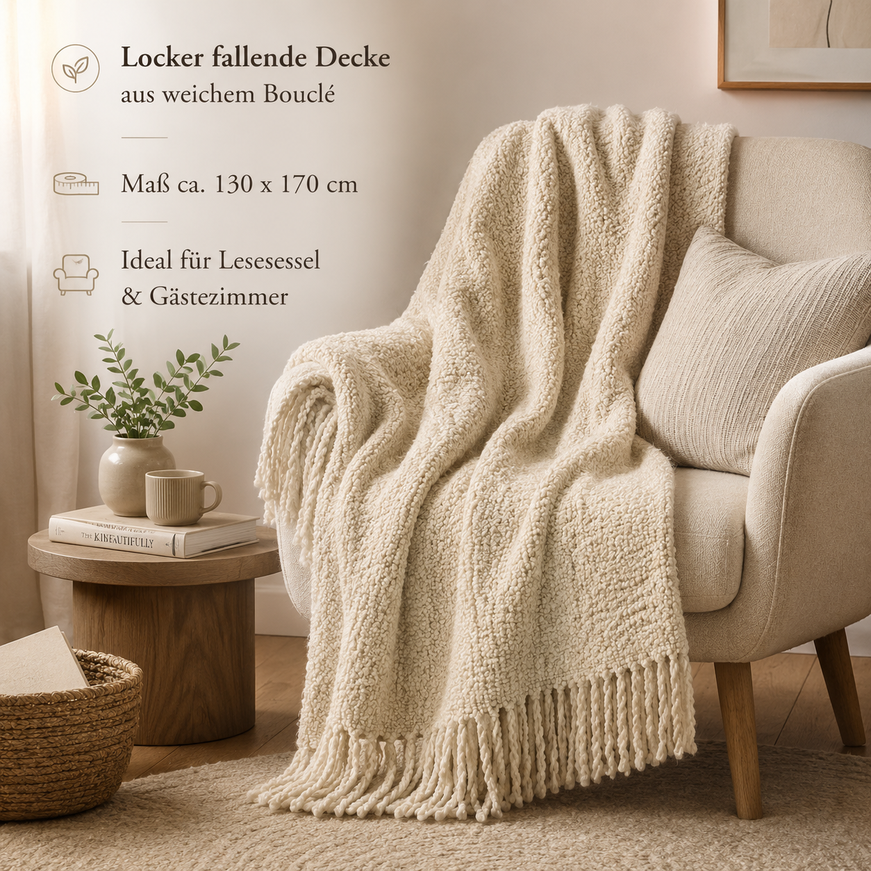 Bouclé Plaid mit Fransen für gemütliche Sofa Ecken