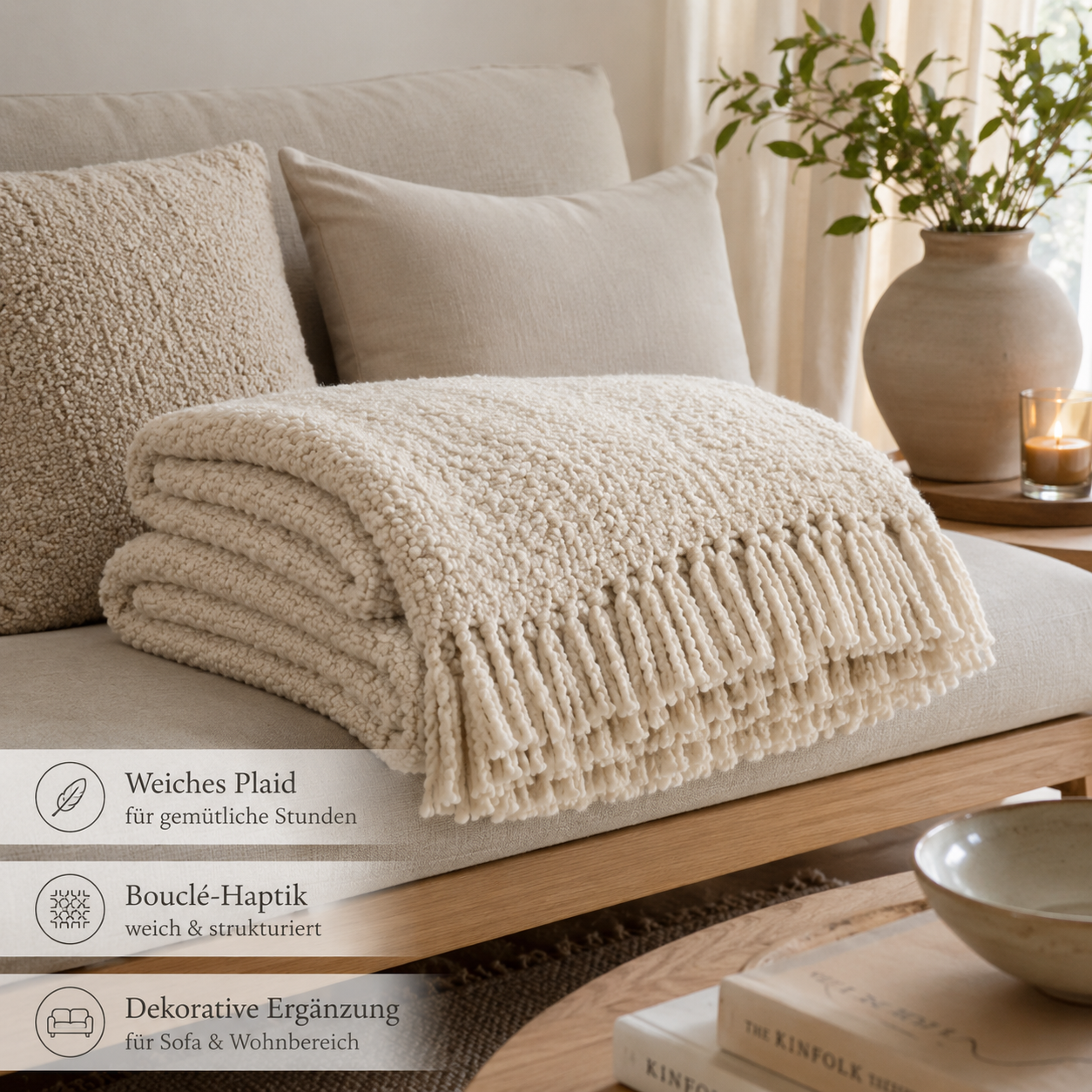 Bouclé Plaid mit Fransen für gemütliche Sofa Ecken