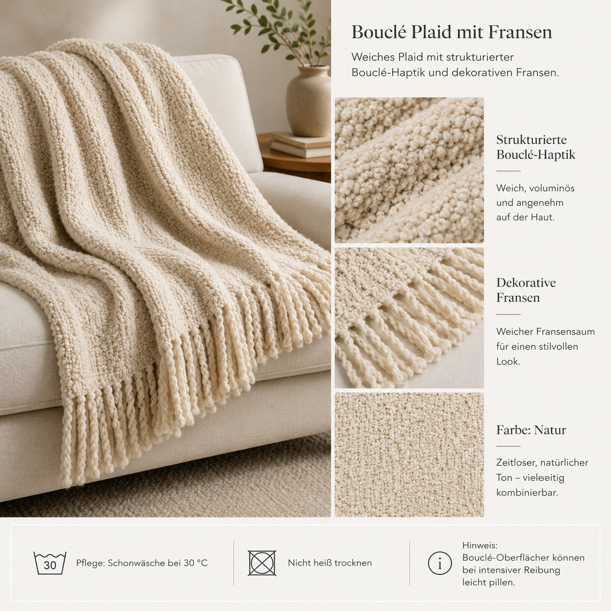 Bouclé Plaid mit Fransen für gemütliche Sofa Ecken