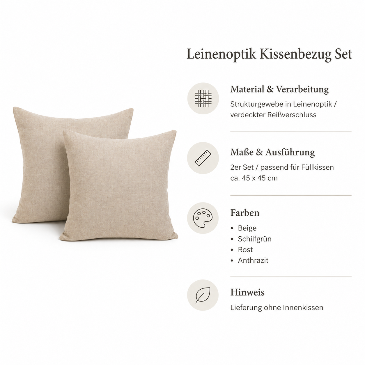Leinenoptik Kissenbezug Set mit verdecktem Reißverschluss