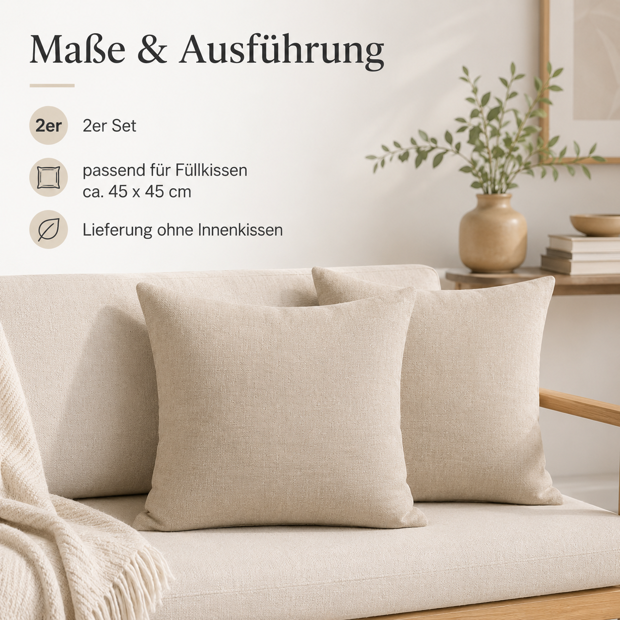 Leinenoptik Kissenbezug Set mit verdecktem Reißverschluss