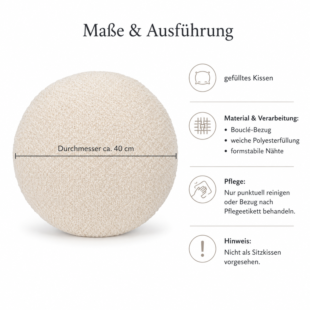 Bouclé Deko Kissen rund mit weicher Struktur für Akzentstühle
