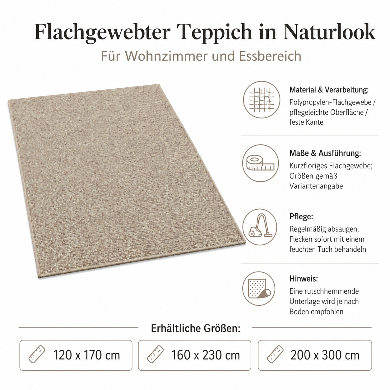 Flachgewebter Teppich in Naturlook für Wohnzimmer und Essbereich