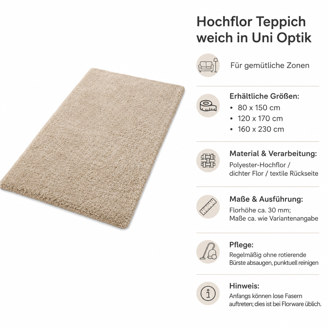 Hochflor Teppich weich in Uni Optik für gemütliche Zonen