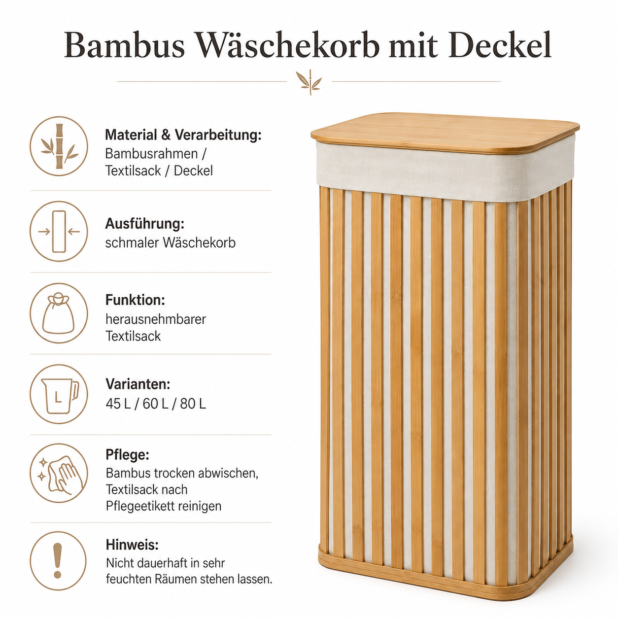 Bambus Wäschekorb mit Deckel für Bad und Schlafzimmer