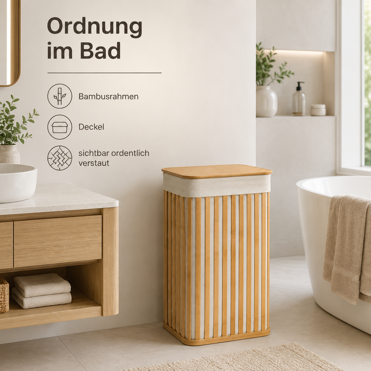 Bambus Wäschekorb mit Deckel für Bad und Schlafzimmer