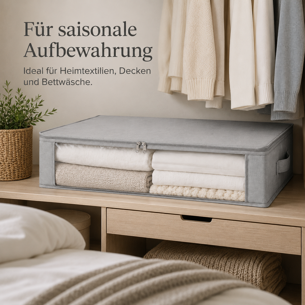 Bettkasten Aufbewahrungsbox flach mit Reißverschluss und Griff