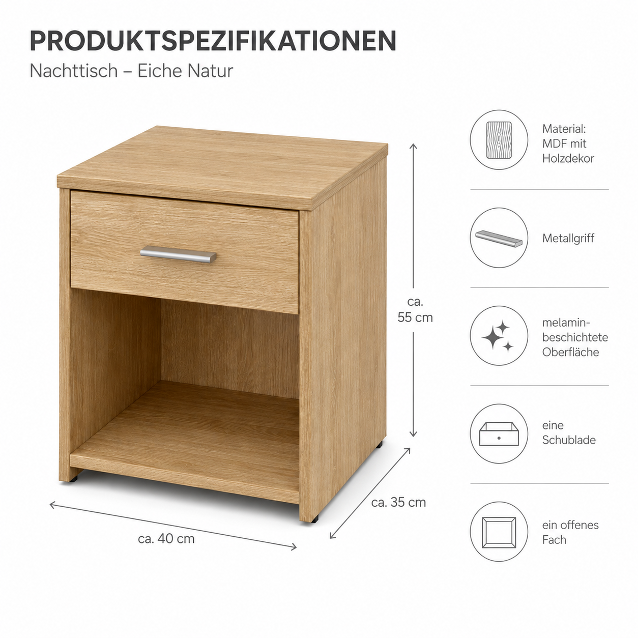 Schmaler Nachttisch mit Schublade und offener Ablage