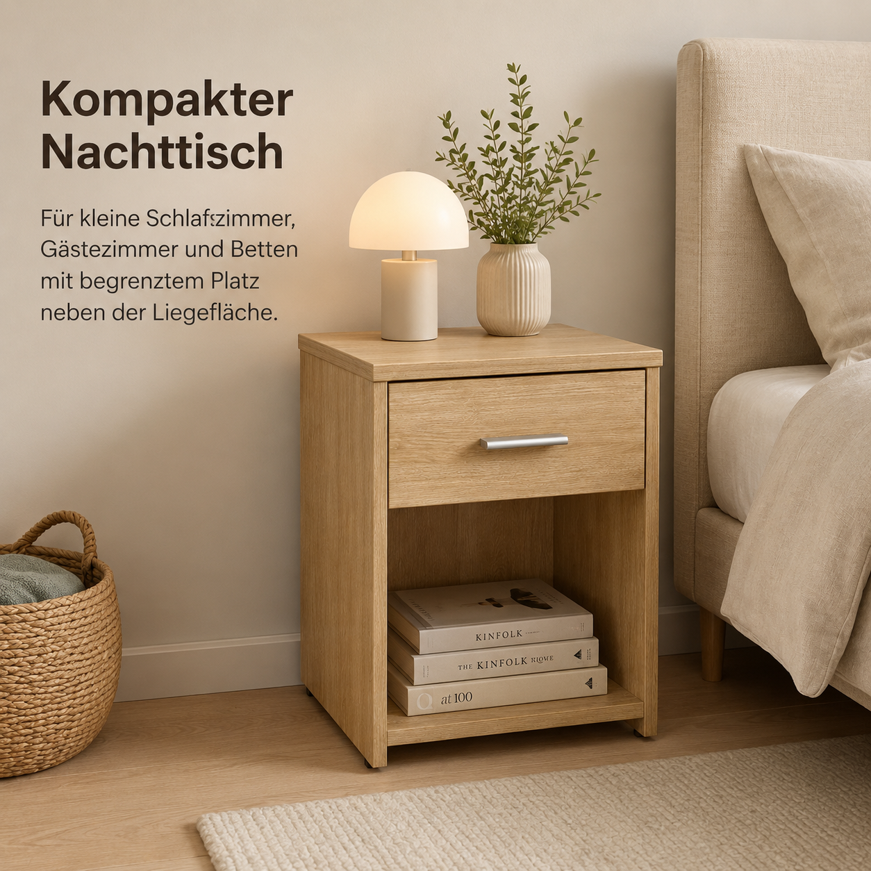 Schmaler Nachttisch mit Schublade und offener Ablage