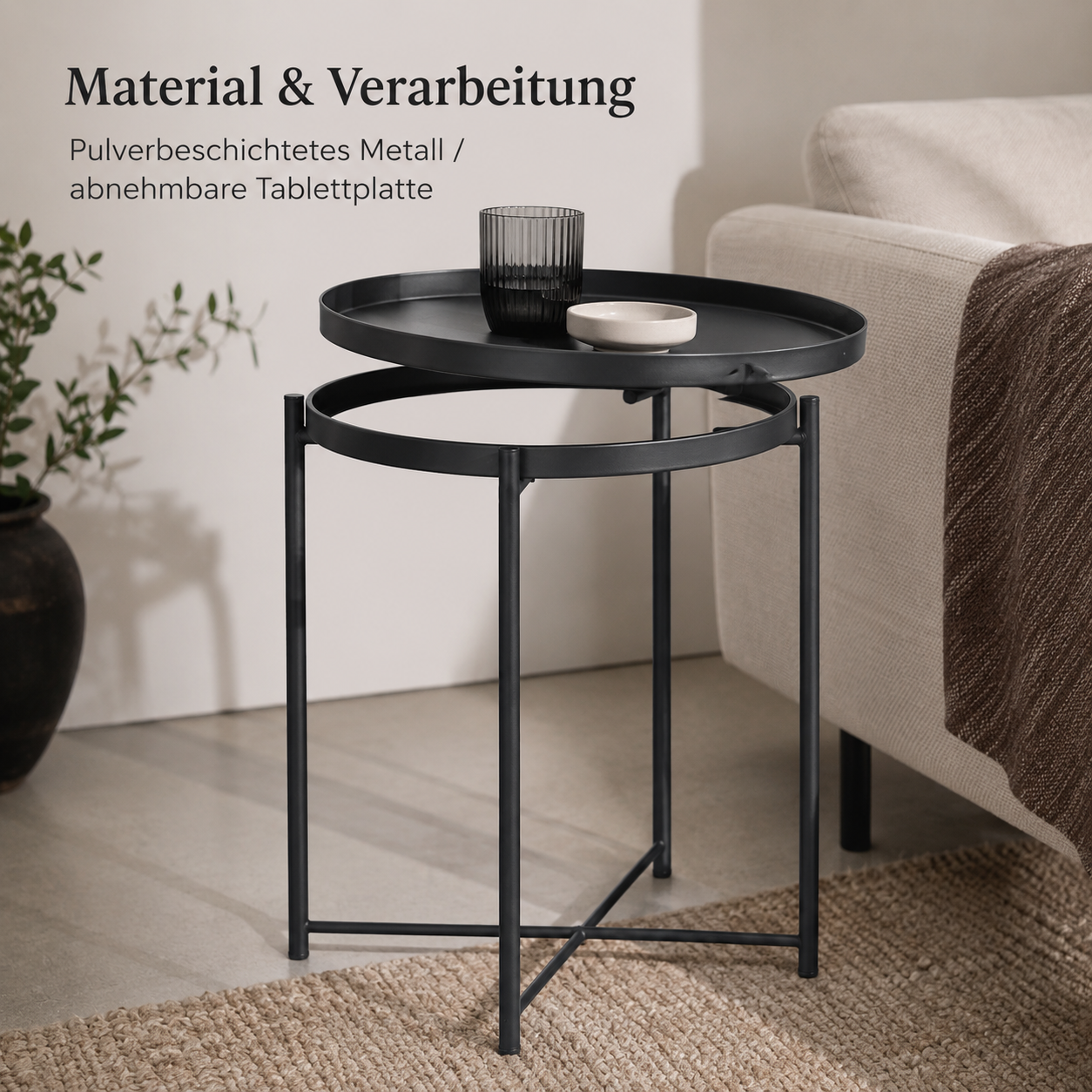 Runder Beistelltisch mit Metallgestell und abnehmbarer Platte
