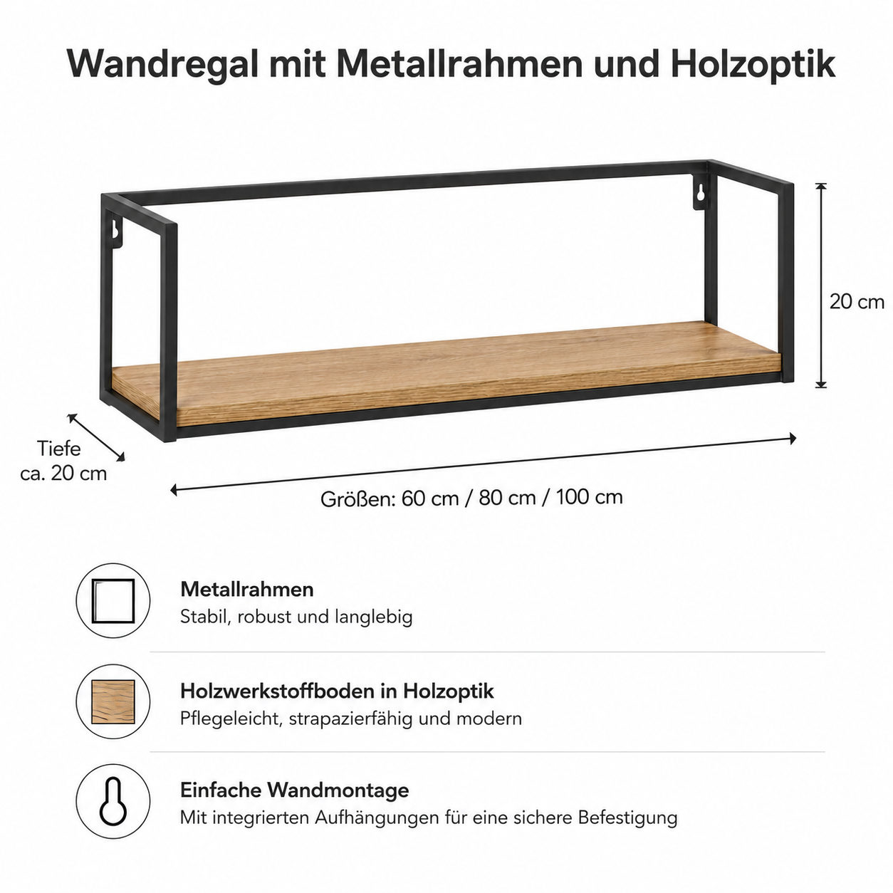 Wandregal mit Metallrahmen und Holzoptik für Küche und Wohnraum