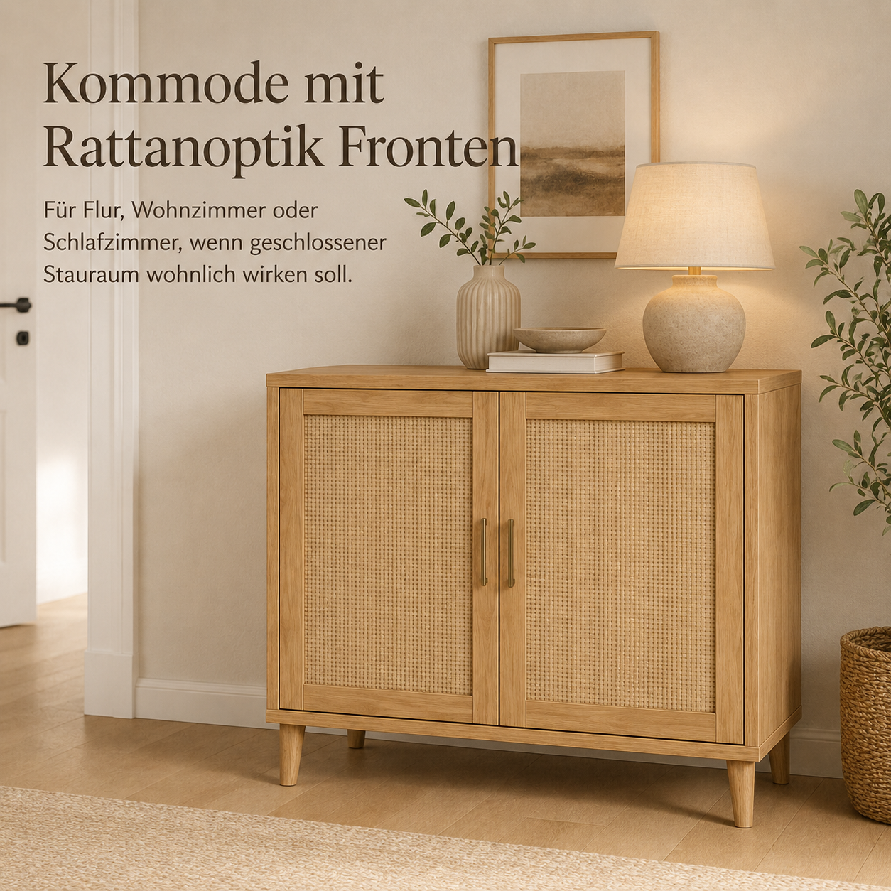 Kommode mit Rattanoptik Fronten und ruhigem Stauraum