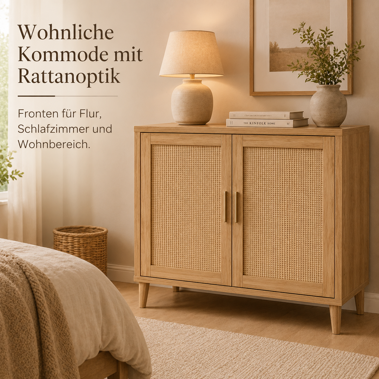 Kommode mit Rattanoptik Fronten und ruhigem Stauraum