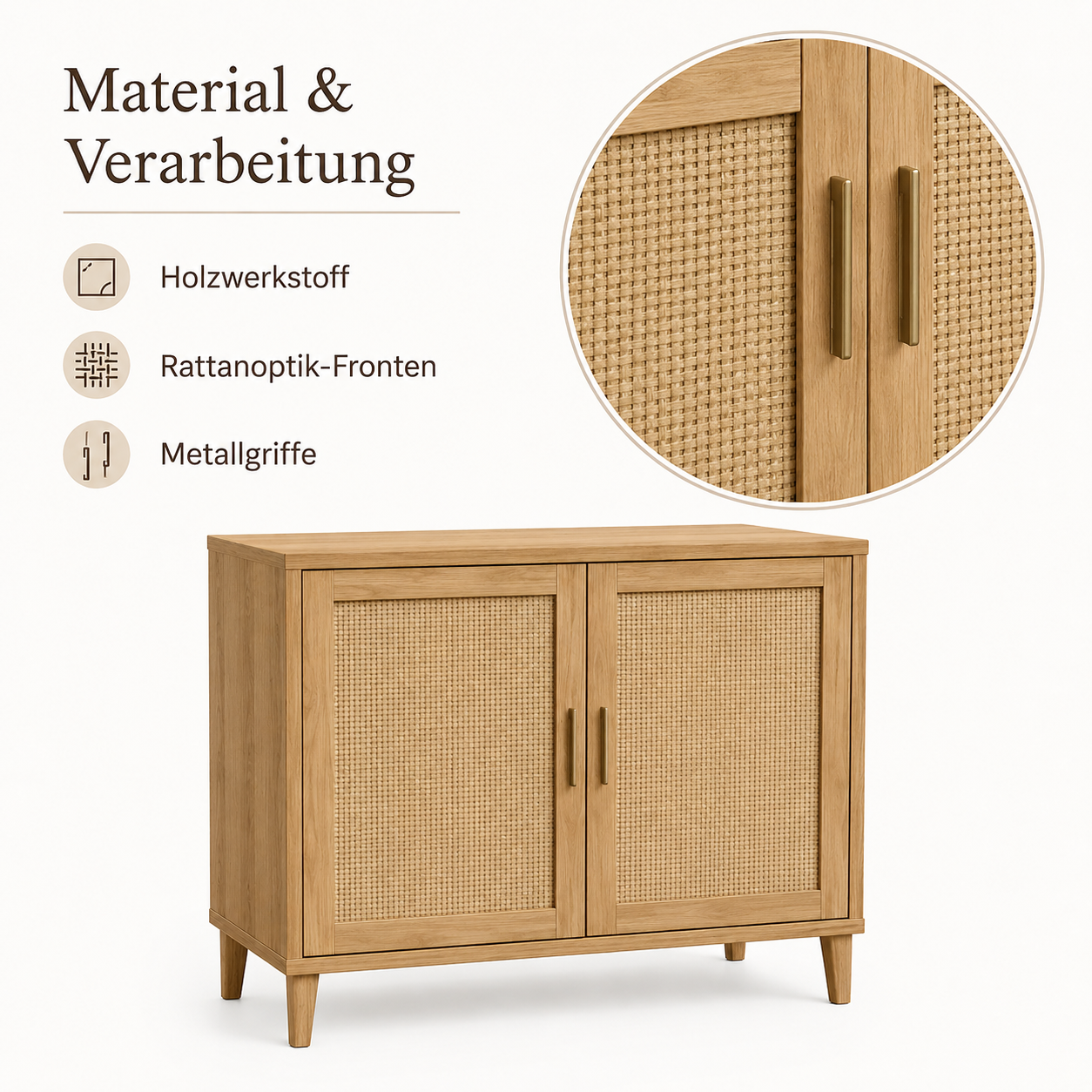Kommode mit Rattanoptik Fronten und ruhigem Stauraum