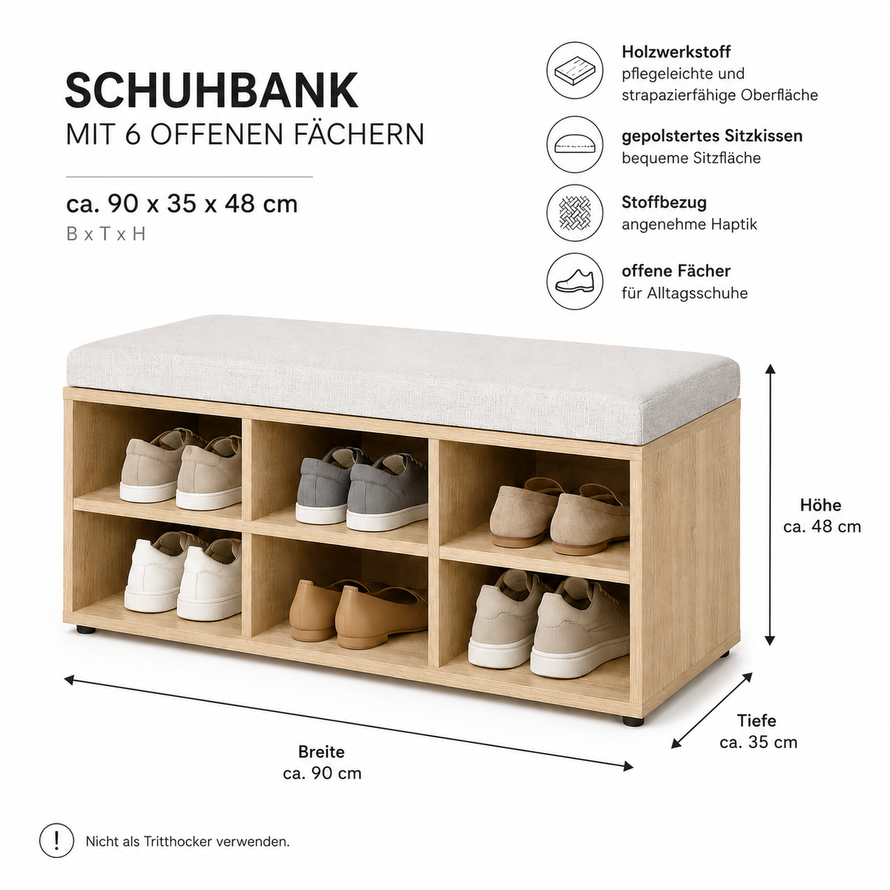 Schuhbank mit Polstersitz und offenem Stauraum für den Eingang