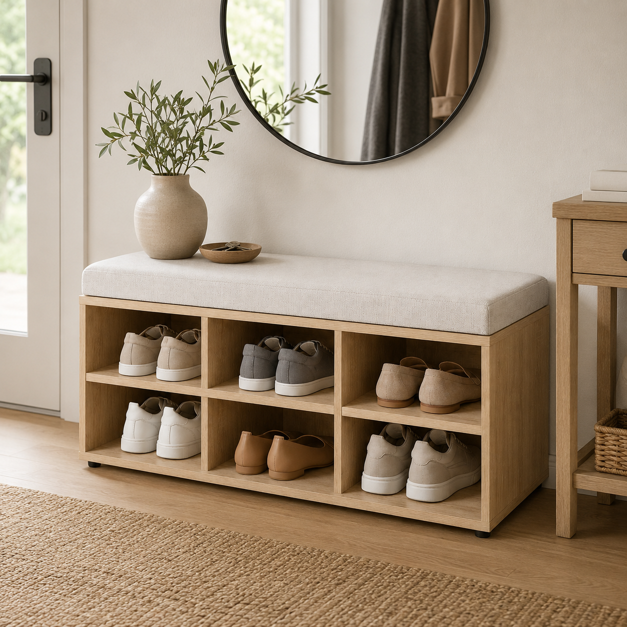 Schuhbank mit Polstersitz und offenem Stauraum für den Eingang