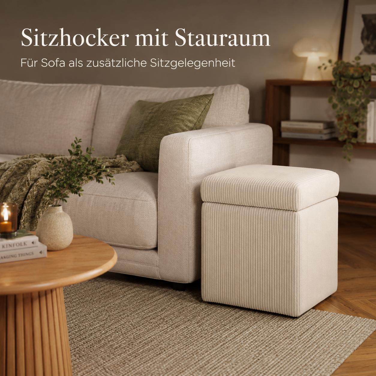 Sitzhocker mit Stauraum und weichem Cordbezug