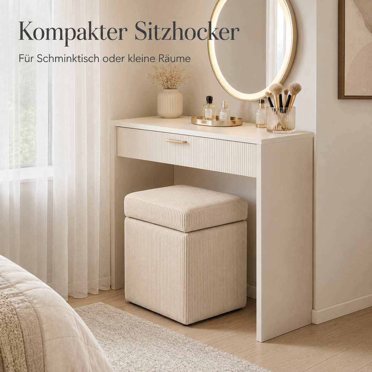 Sitzhocker mit Stauraum und weichem Cordbezug