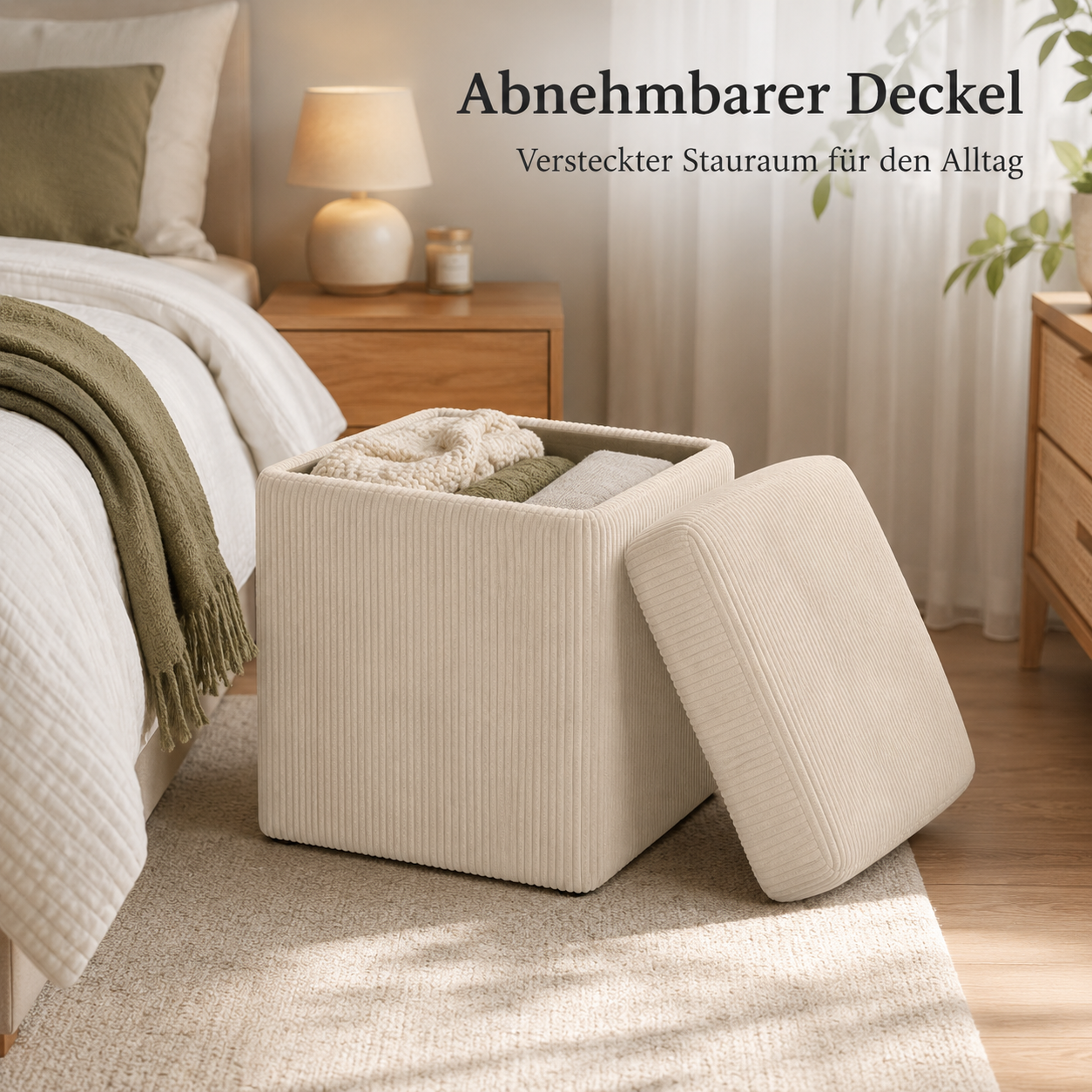 Sitzhocker mit Stauraum und weichem Cordbezug