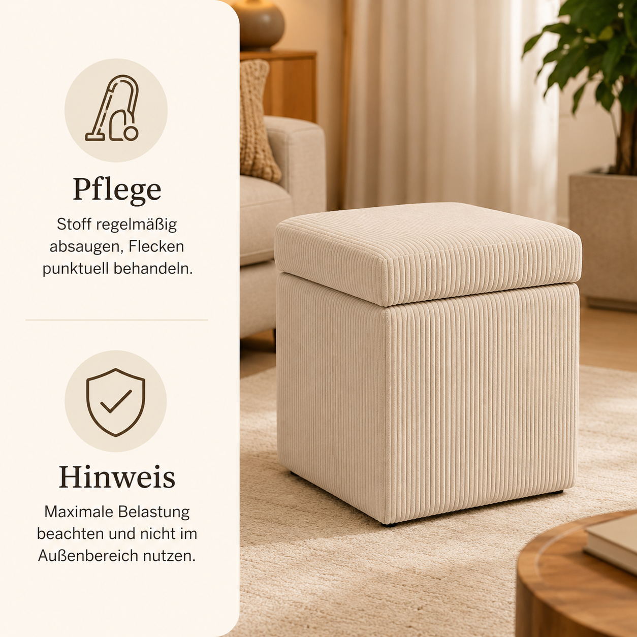 Sitzhocker mit Stauraum und weichem Cordbezug