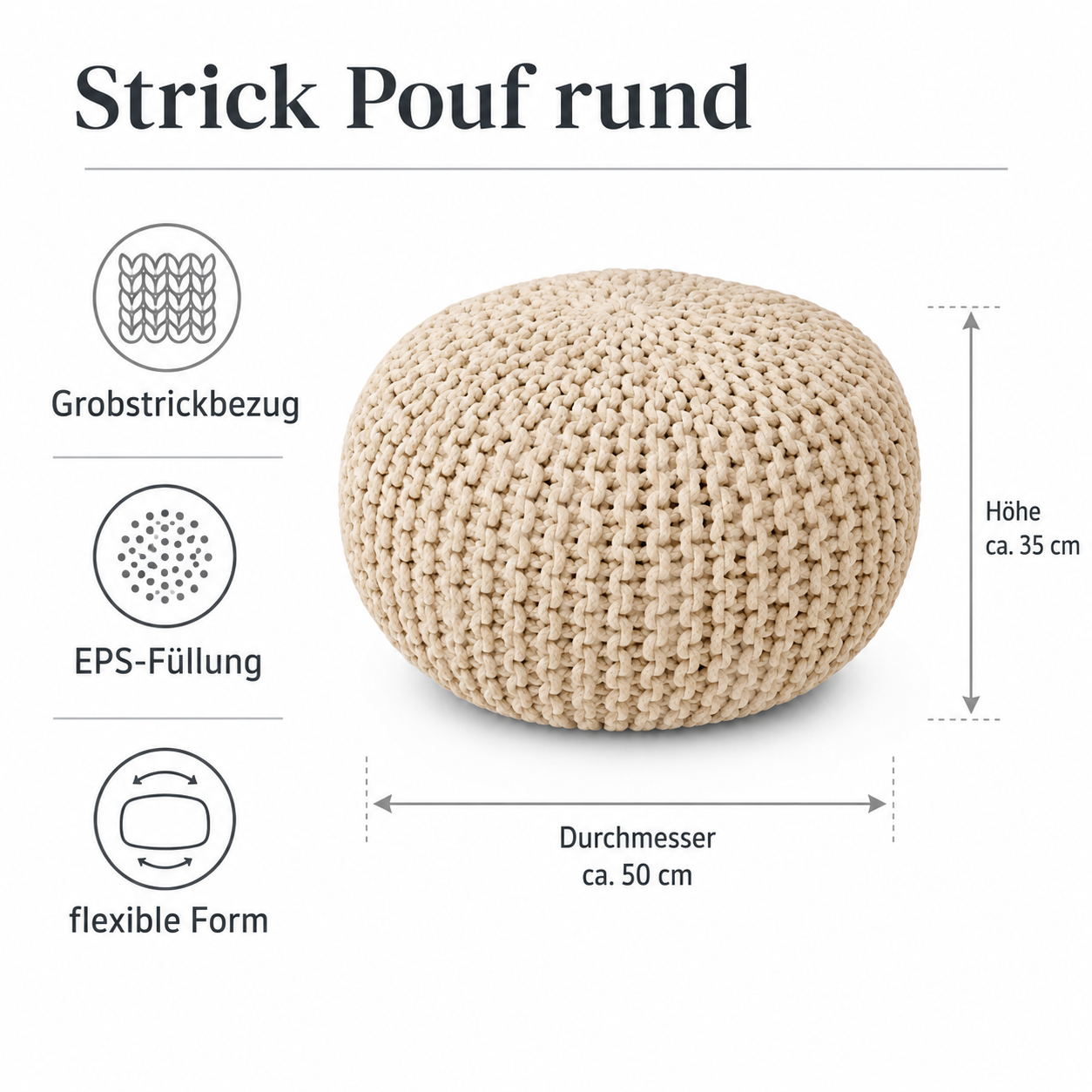 Strick Pouf rund für flexible Sitzplätze und Fußablage