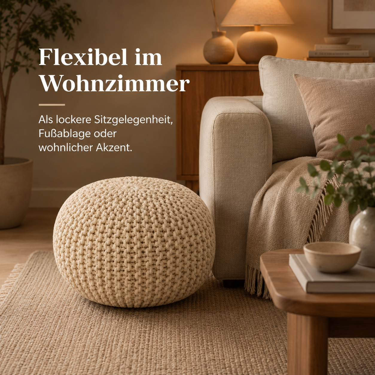 Strick Pouf rund für flexible Sitzplätze und Fußablage