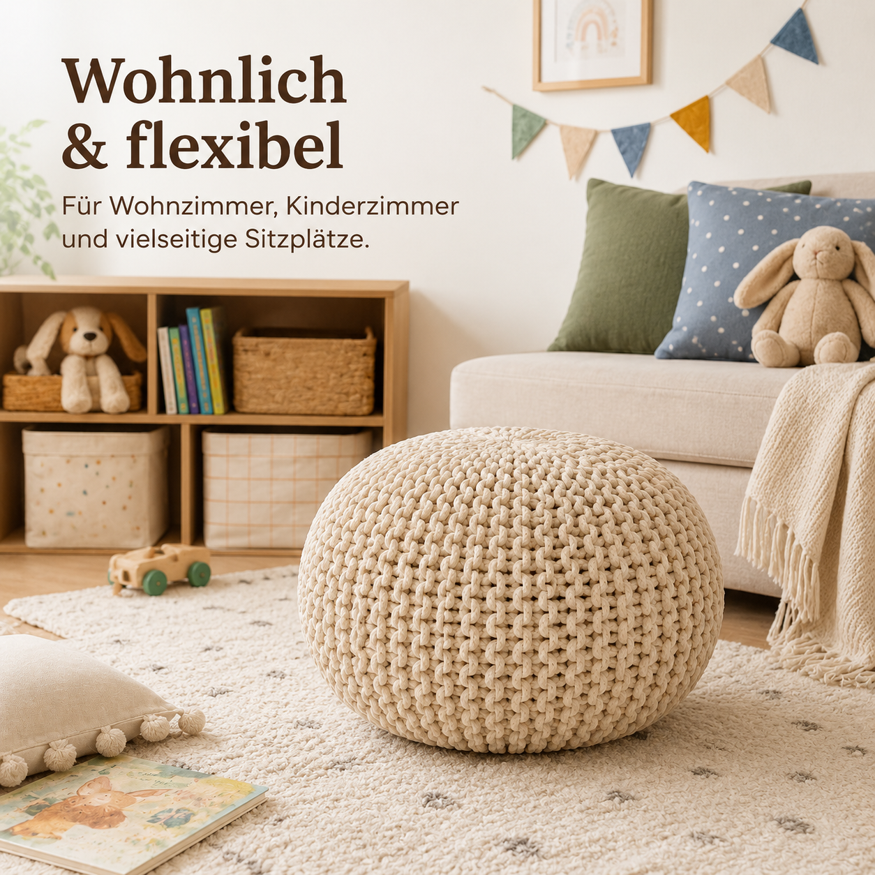 Strick Pouf rund für flexible Sitzplätze und Fußablage